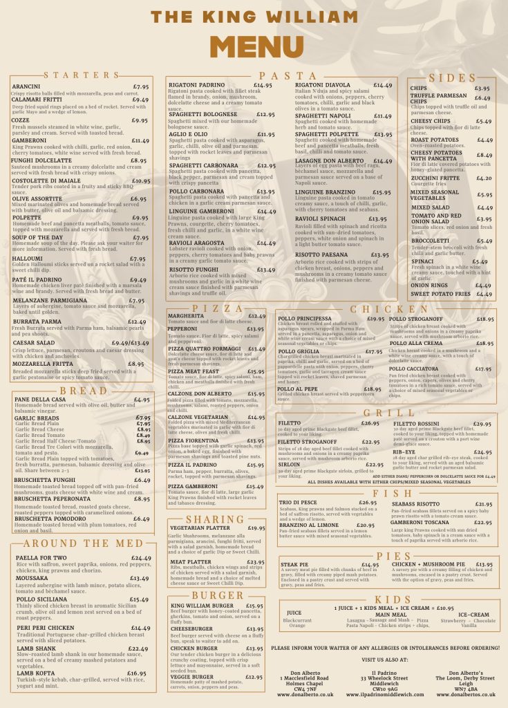 king william main menu